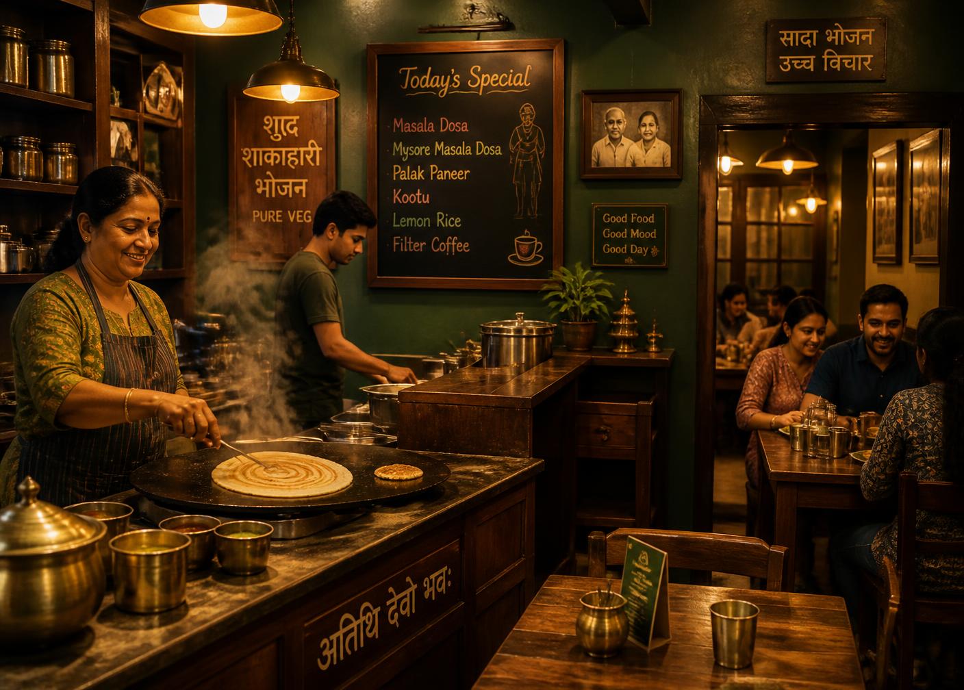 Cook spreading dosa batter on a hot tawa inside Everest Kitchen