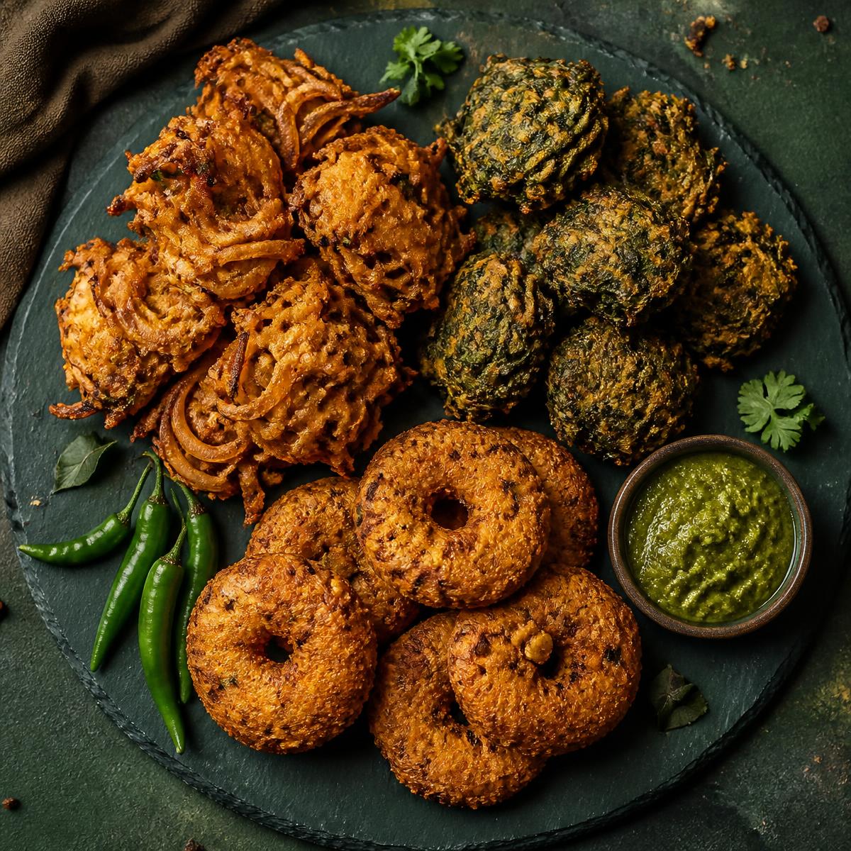 Platter of onion pakoda, methi bhajiya and dal vada with green chutney