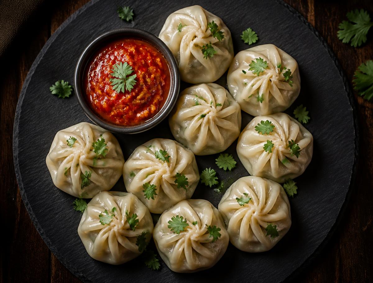 Plate of steamed vegetable momo dumplings with red chilli dipping sauce